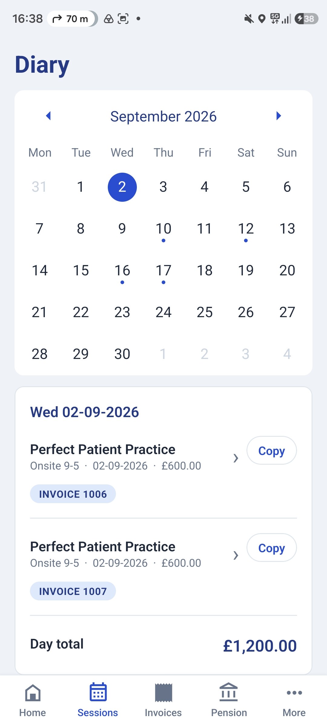The GP Locum diary, showing logged sessions for the month